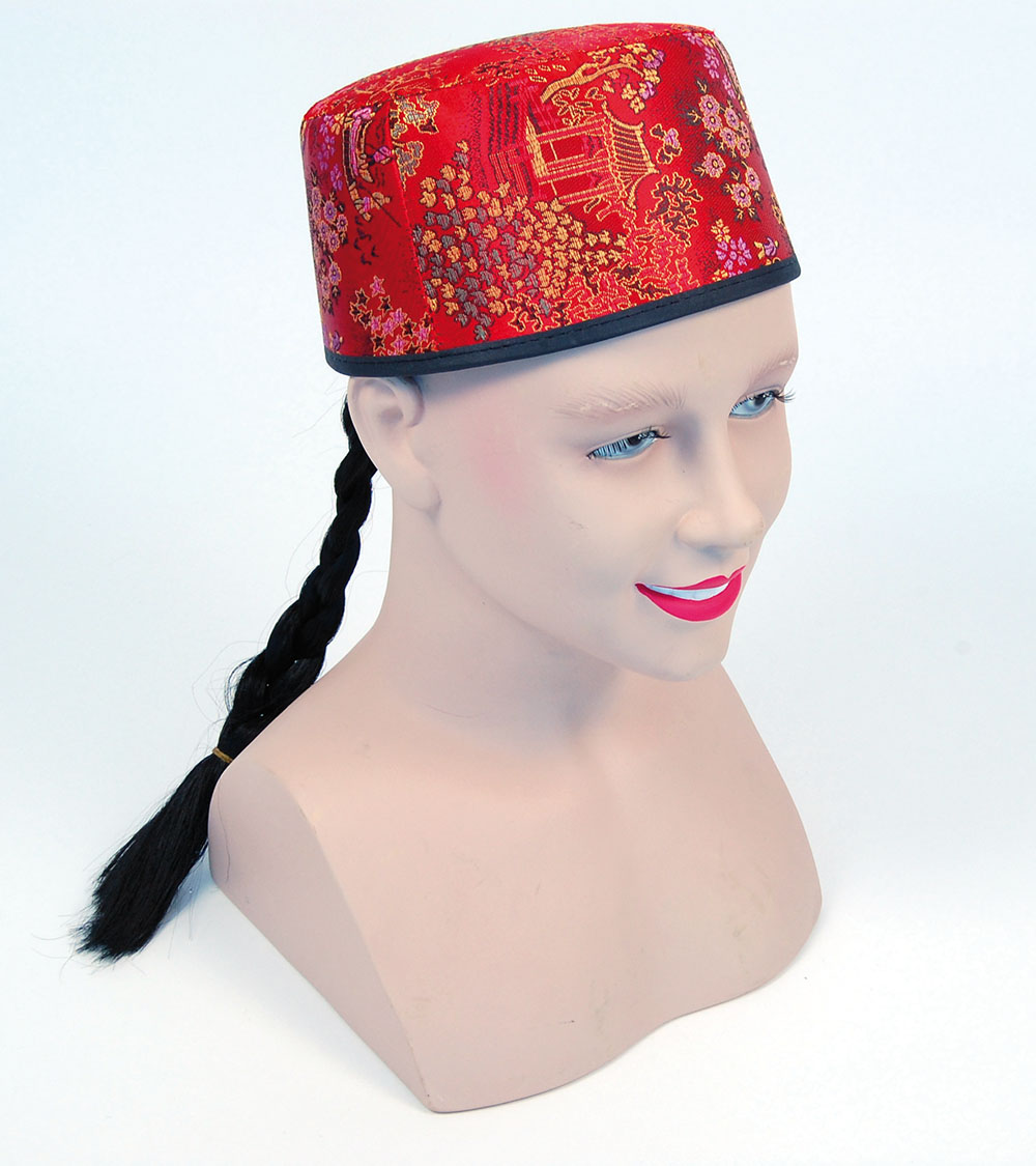 Chinese Mandarin Hat Red Fabric + Plait