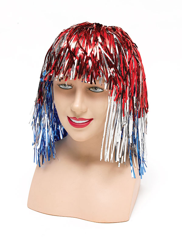 Tinsel Wig. Red/Silver/Blue