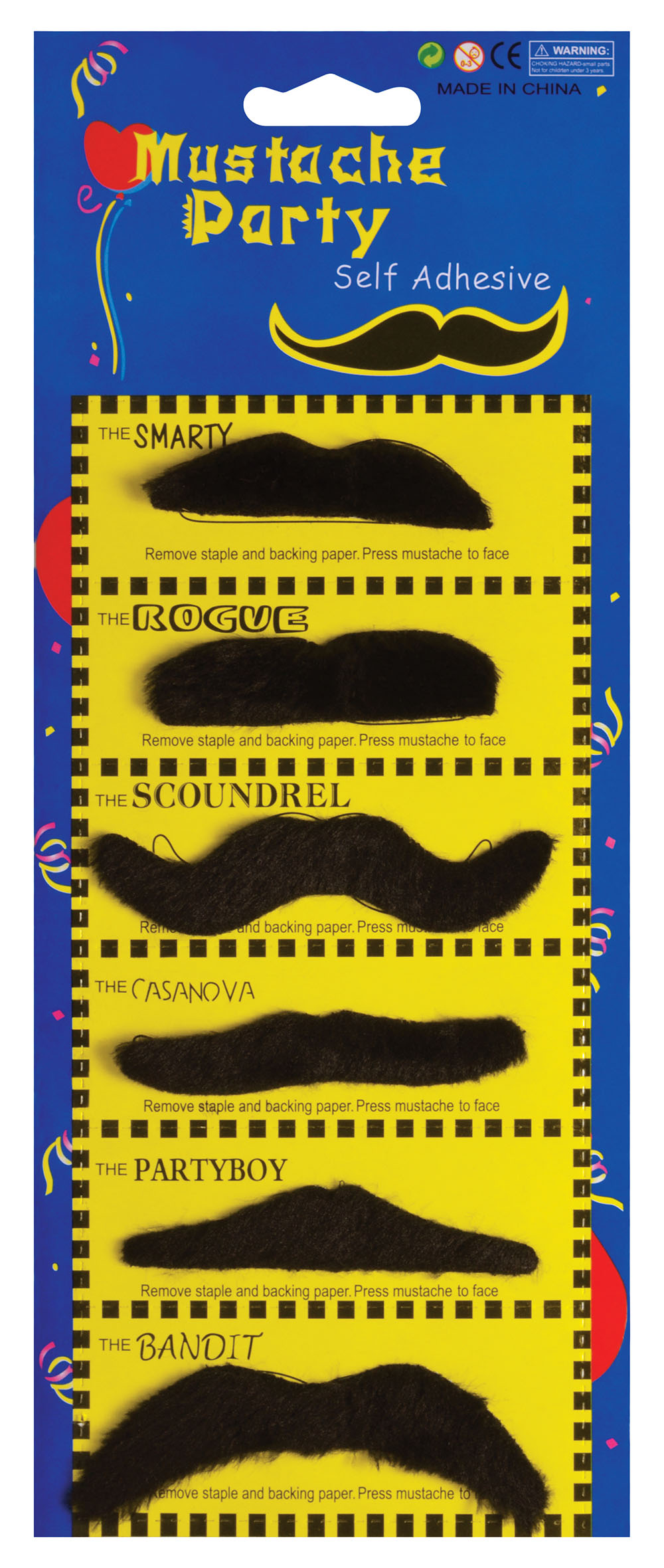 Moustaches Black. 6 Assorted On A Card