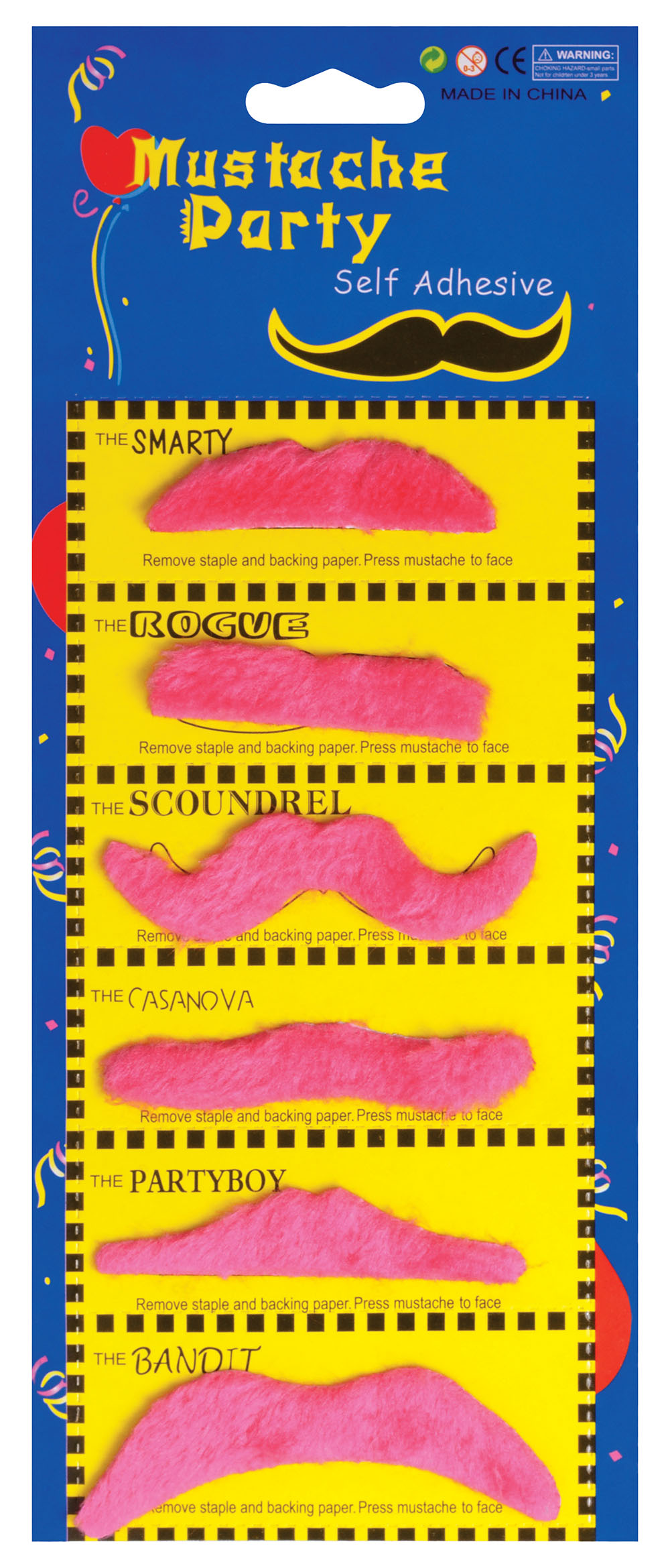 Moustaches Pink. 6 Assorted On A Card